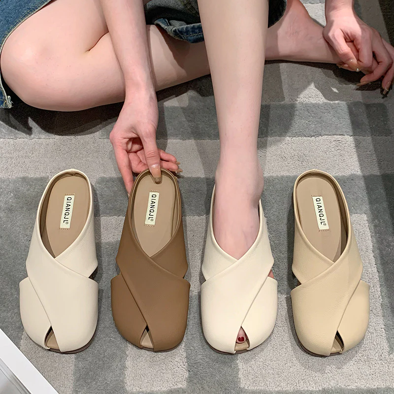 DEANWANGKT  New Lazy Pump Half Slippers Women's Summer Outdoor Fashion Pregnant Women Non-Slip Flat Slippers Fish Mouth Pumps - Deanwangkt