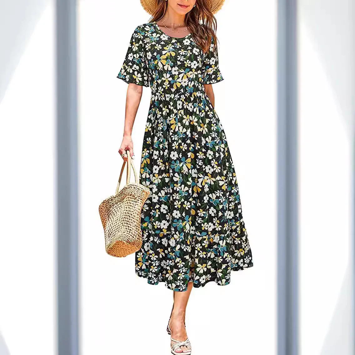 DEANWAQNGKT  Cross-Border Supply Floral round Neck Mid-Length Dress Casual Hidden Belly Fat Hawaii - Deanwangkt