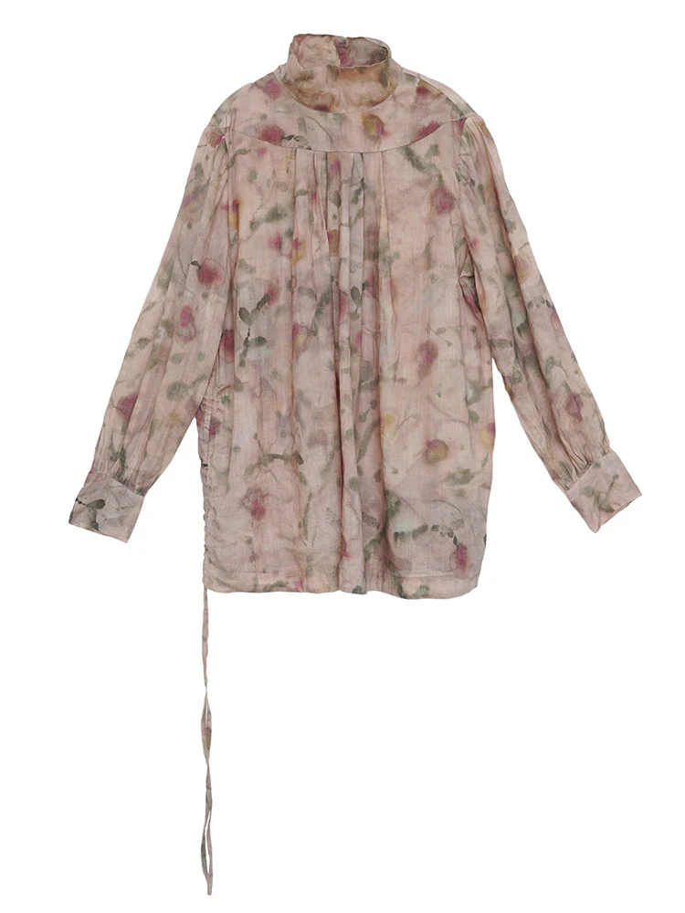 rose story ramie stand-up collar shirt, spring and autumn pastoral life loose romantic top S24164 - Deanwangkt