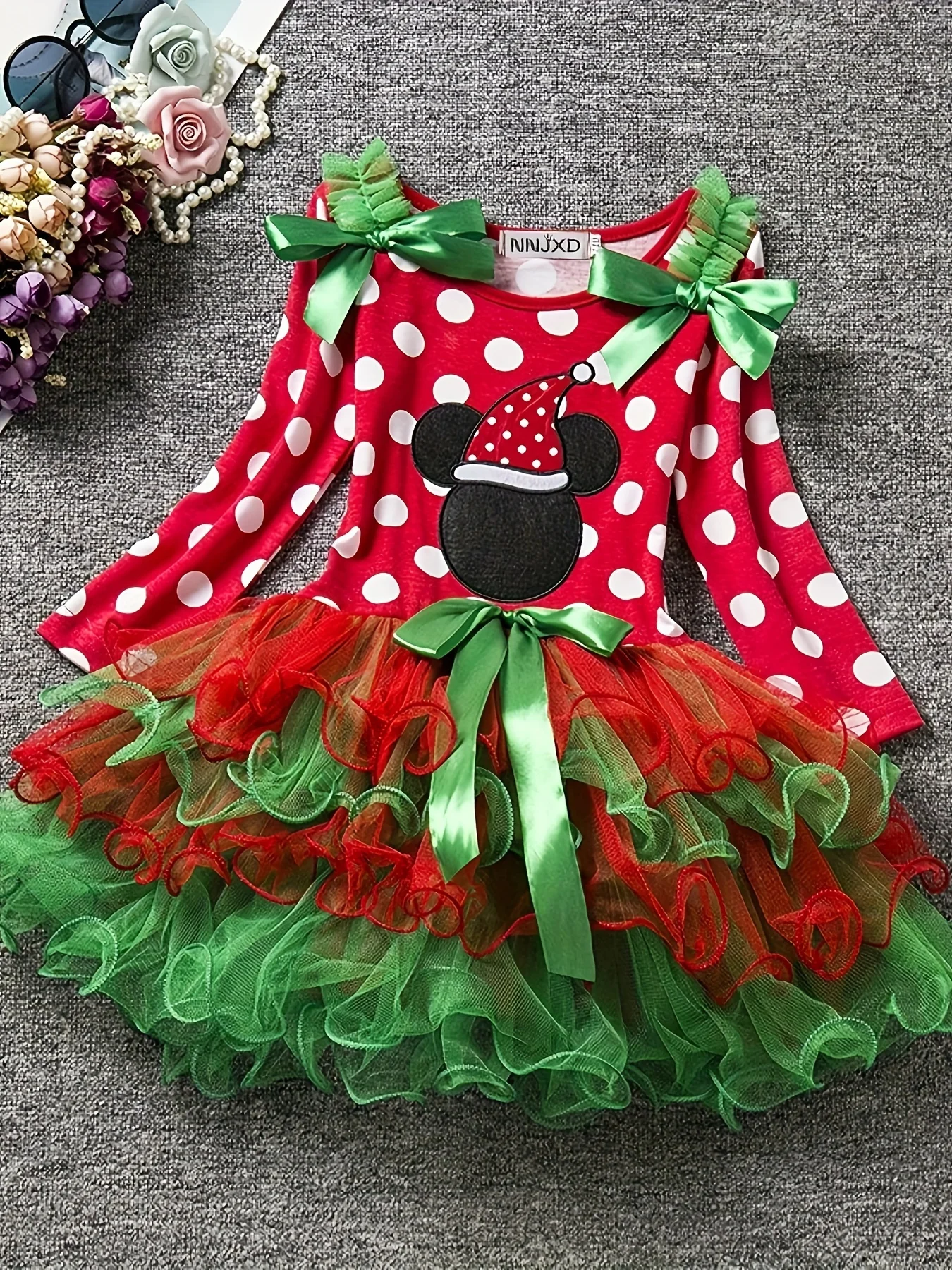 Christmas Baby Girls Long Sleeve Dress, Cute Cartoon Print Multi-layer Mesh Puffy Princess Dress, Girls Holiday Party Performance Dress - Deanwangkt