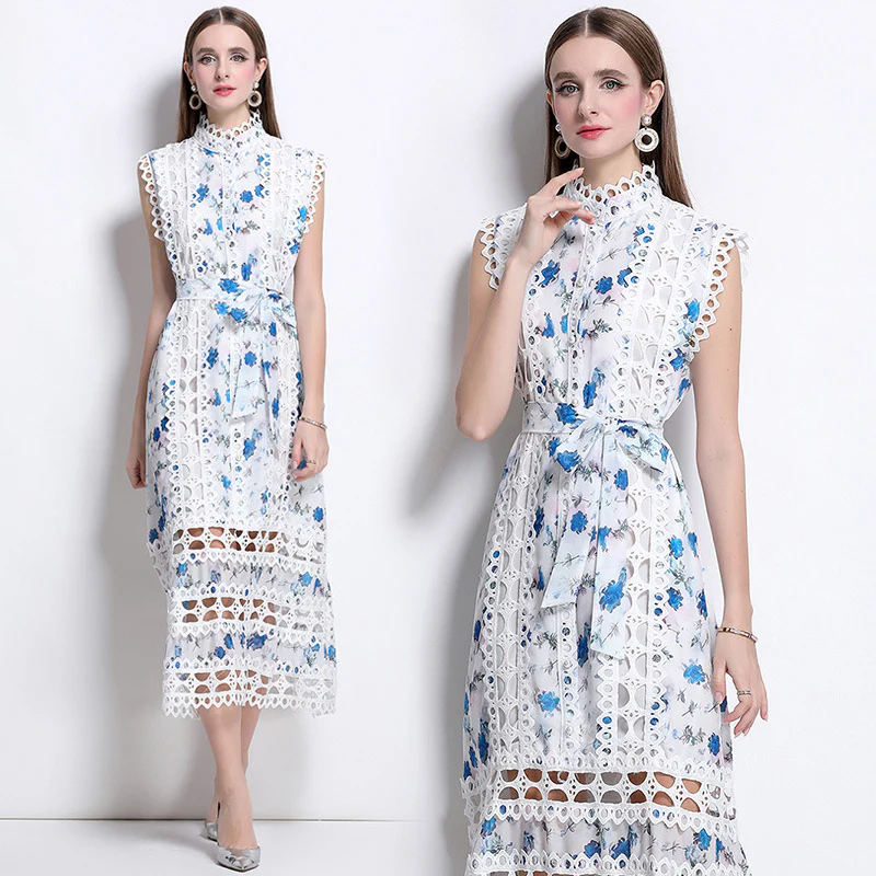 temperament high sense stand collar hollow embroidered lace splicing sleeveless waist thin elegant dress - Deanwangkt