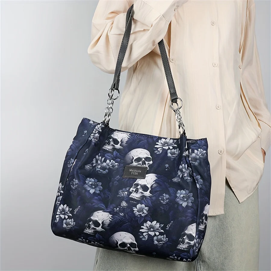 Large Capacity Punk Floral Skull Print Tote Bag - Stylish Single-Strap Shoulder Bag with Fixed Straps, Zipper Closure, Polyester Lining - Versatile Handbag for Daily Commute, Work, and Travel - Deanwangkt