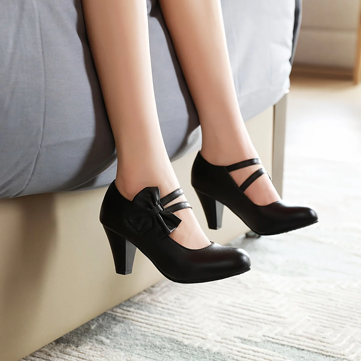deanwangkt  Chic Kitten Heels with Round Toe & Bowknot Ankle Strap - Comfortable PU Leather Pumps for Work & Fashionable Dance - Elegant Women's Dress Shoes - Deanwangkt