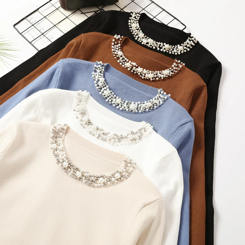 DEANWANGKT Korean version of the new autumn and winter beaded pullover sweater women's round neck long-sleeved knitted sweater loose and thin temperament bottoming shirt women - Deanwangkt