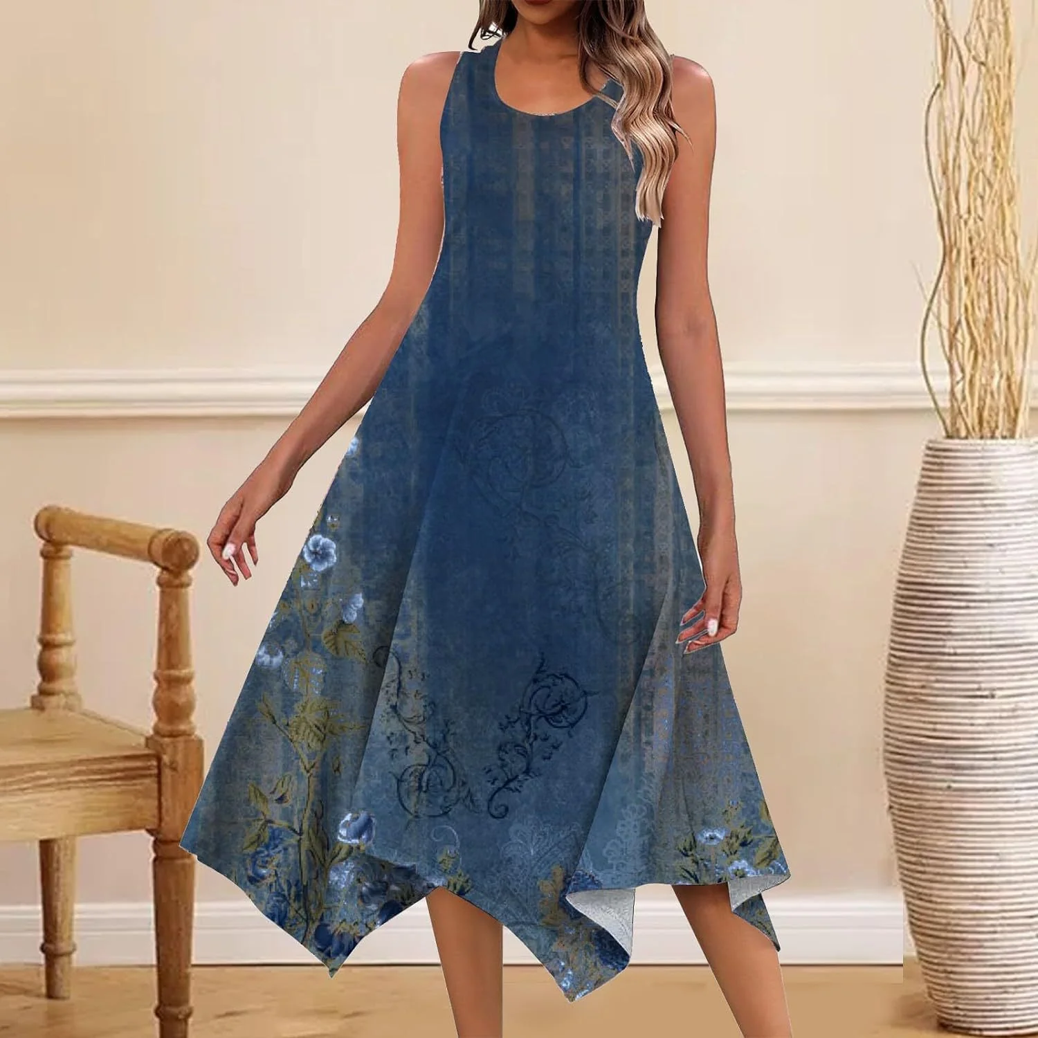 DEANWAQNGKT  Cross Border Women's Clothing  Summer Mid-Length Fashion New Printed Sleeveless Irregular Swing Dress - Deanwangkt