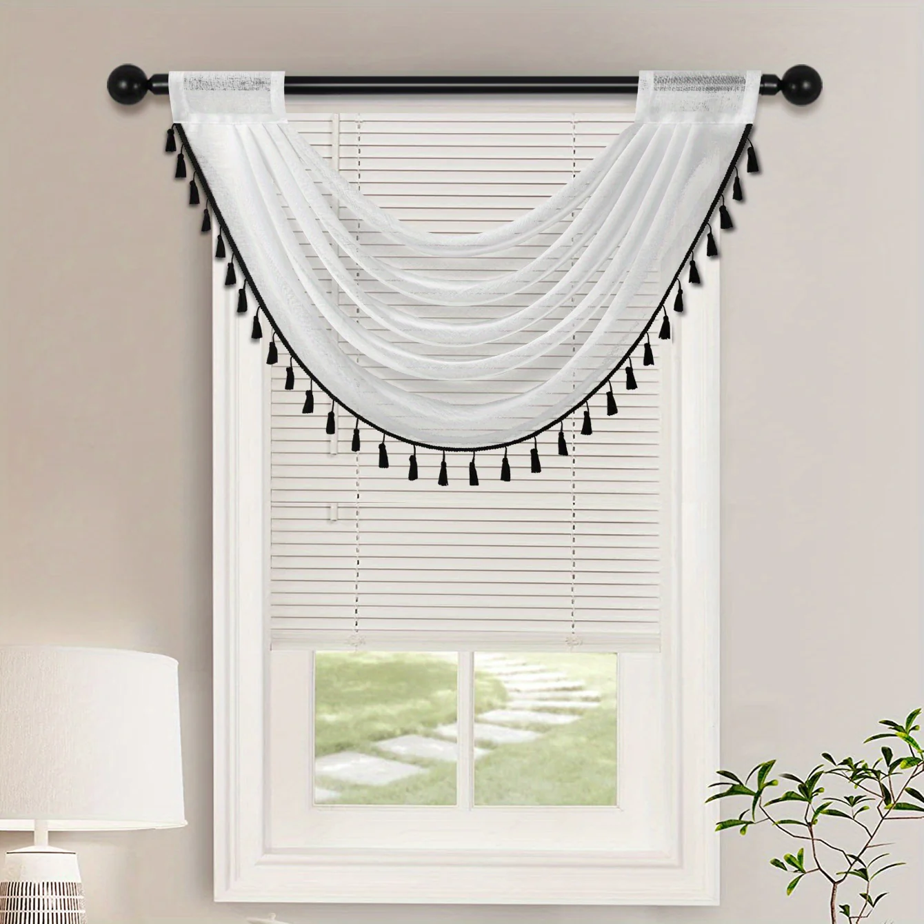 1pc Fashionable Sheer Wave Curtain Valance With Tassels Edge - Light-Transmitting, Rod Pocket, Perfect For Living Room, Bedroom, And Kitchen - 30x24 Inches - Deanwangkt