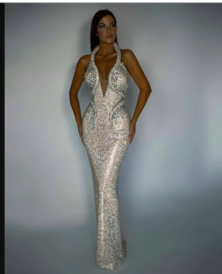 New Arrival Fashion Sexy V-neck Halter Dresses Sequins Elegant Tailing Gown Sleeveless Ladies Temperament Slim Fit Evening Dress - Deanwangkt