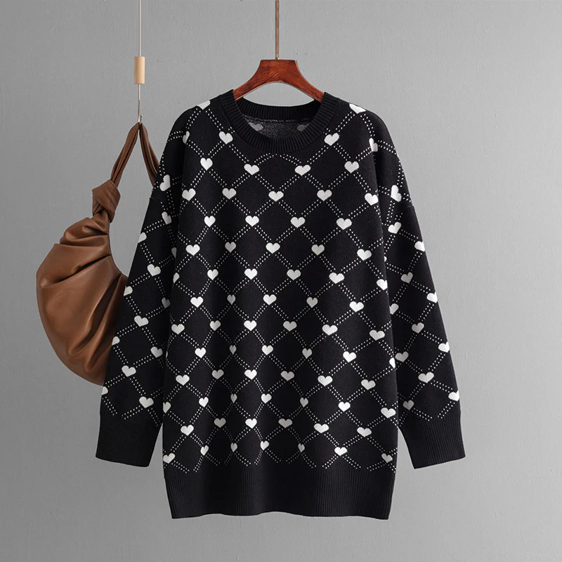 DEANWANGKT New autumn and winter new 2025 trade 2025 cross-border sweaters medium and long knitted sweaters love jacquard pullover large size sweater - Deanwangkt