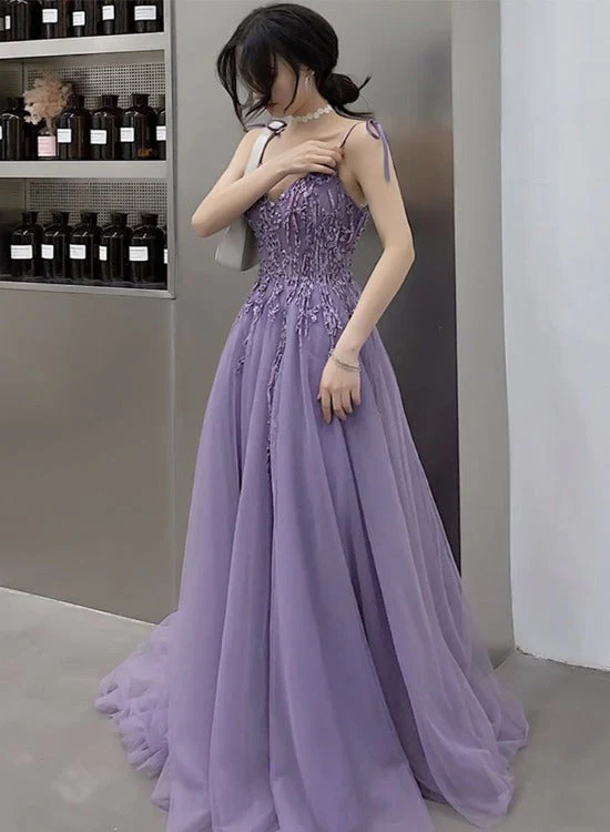 Solvbao Purple Lace V-neckline Tulle Straps Low Back Tulle Party Dresses, Purple A-line Evening Dresses - Deanwangkt