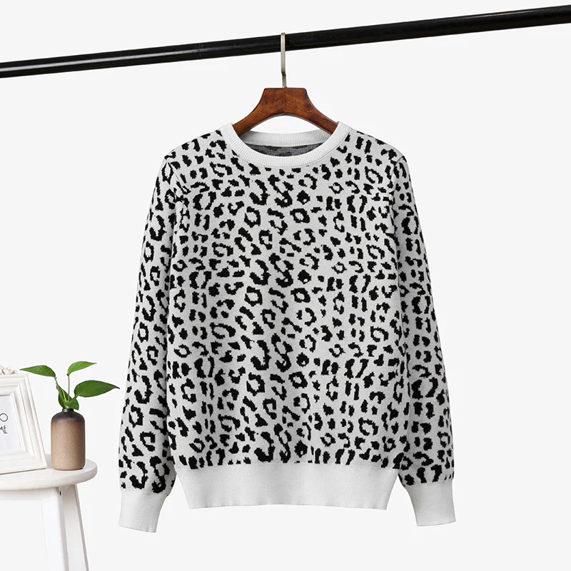 DEANWANGKT  Cross-border women's clothing autumn and winter thick knitted sweater women's pullover sweater leopard print jacquard contrasting color loose bottoming shirt women - Deanwangkt