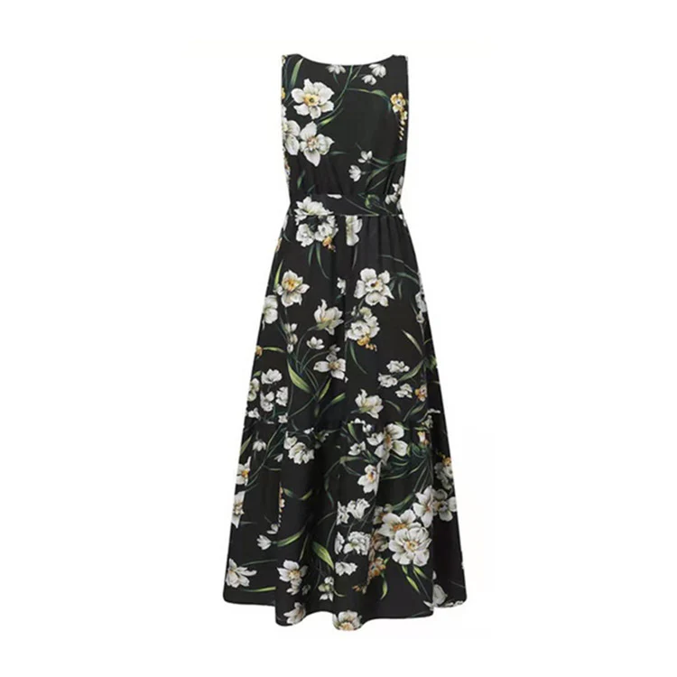 DEANWANGKT Women's Clothing in Stock Cross-Border European and American  Waist Large Swing Dress Flower Print Pleated Dress Women - Deanwangkt