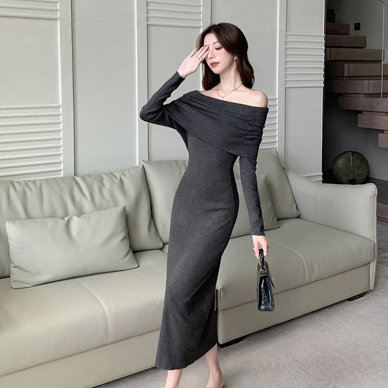 2025 One-word shoulder dress women's autumn and winter senior sense imperial sister slim and thin long sleeves beautiful off-the-shoulder stepmother hip wrap skirt - Deanwangkt
