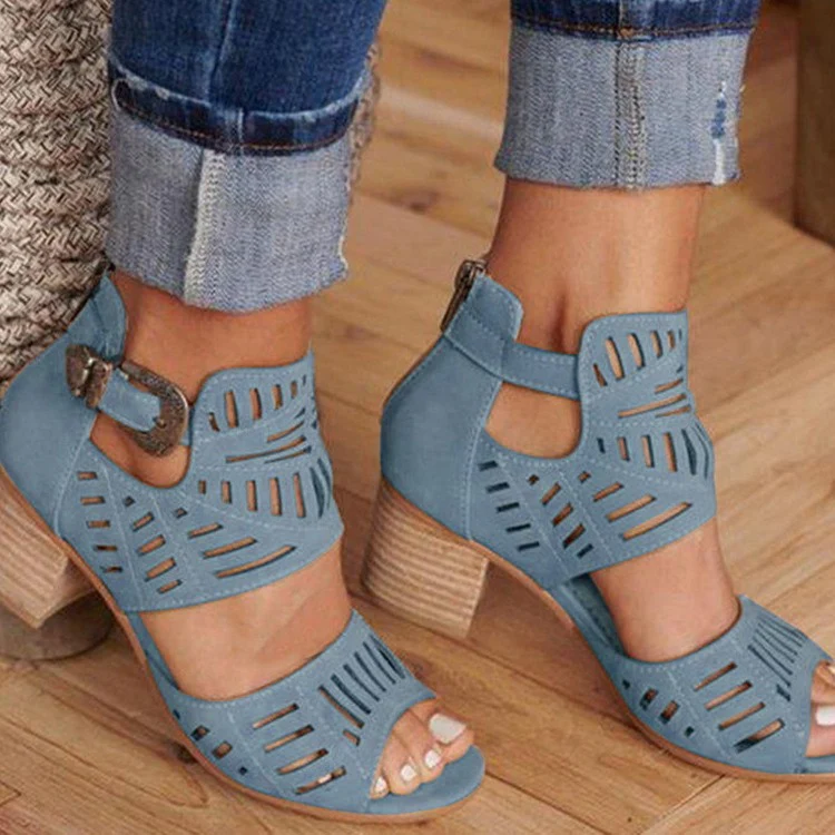 DEANWANGKT  Wish  Cross-Border plus Size Sandals Women's  New Rhinestone Chunky Heel High Heel Buckle Peep Toe Sandals Wholesale - Deanwangkt