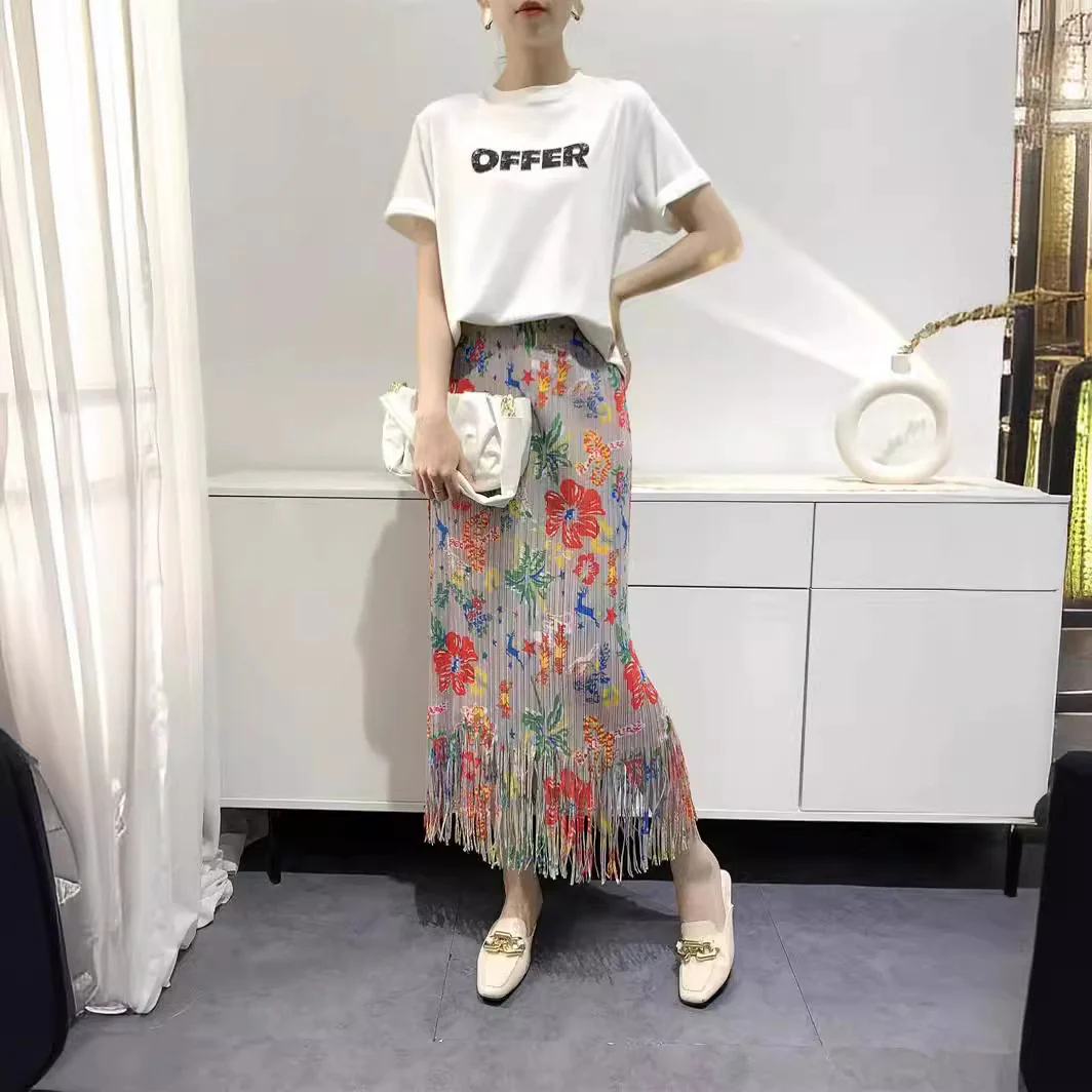 2025 2023 spring and summer new retro floral skirt women's niche design high-end fringed pleated medium and long skirt - Deanwangkt
