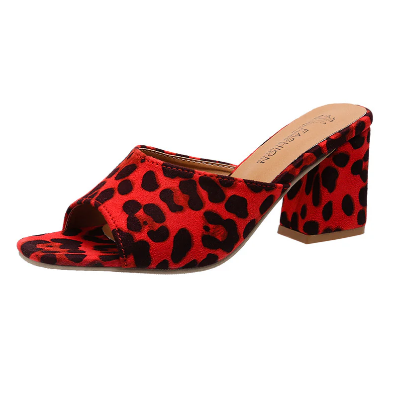 DEANWANGKT  Leopard Print Suede High Heels  New Square Toe Chunky Heel Sexy Slippers plus Size Women Heels - Deanwangkt