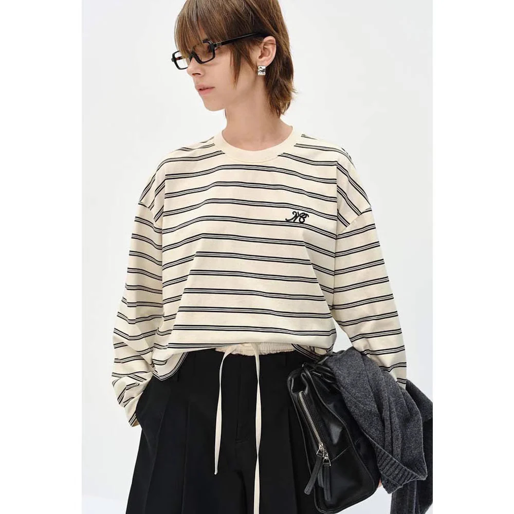 Siyuan 25 Spring Classic Loose Casual Long Staple Cotton Two-Color Crew Neck Shoulder Sleeve Striped Long Sleeve T-Shirt Women's 8968 - Deanwangkt