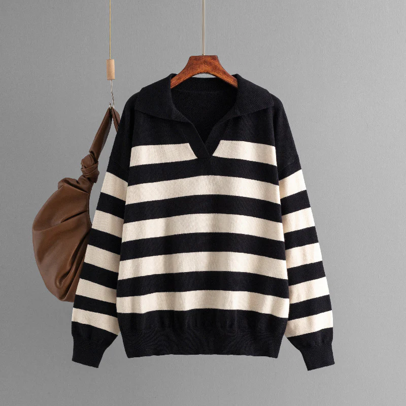 DEANWANGKT European sweater women's autumn and winter New new loose lazy style lapel pullover versatile casual striped knitted sweater - Deanwangkt
