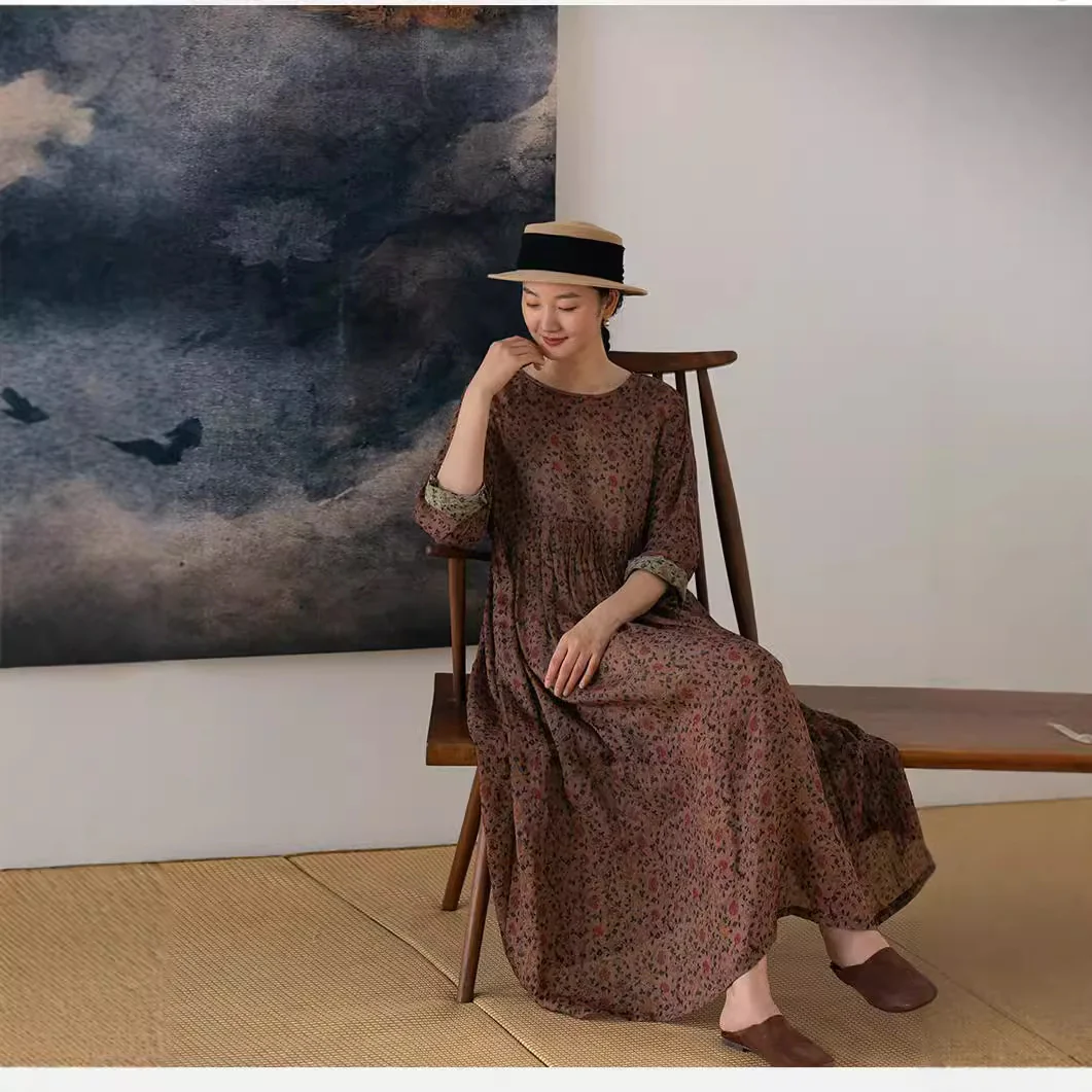 Mountain Free Soft, Light and Transparent Autumn Printing Enzyme 100 Pieces Delicate Ramie Loose Dress 220902 - Deanwangkt