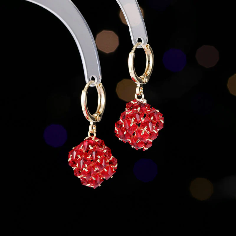 2025 popular New Year's celebration, red earrings, tide elegance, high-end design, zircon cube ball earrings - Deanwangkt