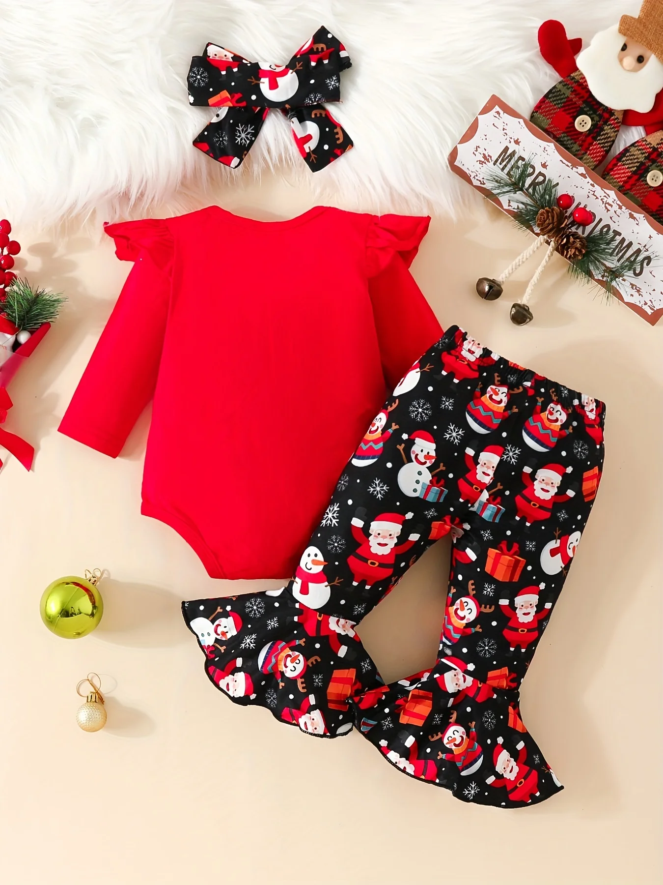 3pcs Christmas Outfits - Flying Sleeve Long-sleeved Romper + Bowknot Trousers Set with Free Headband - Deanwangkt