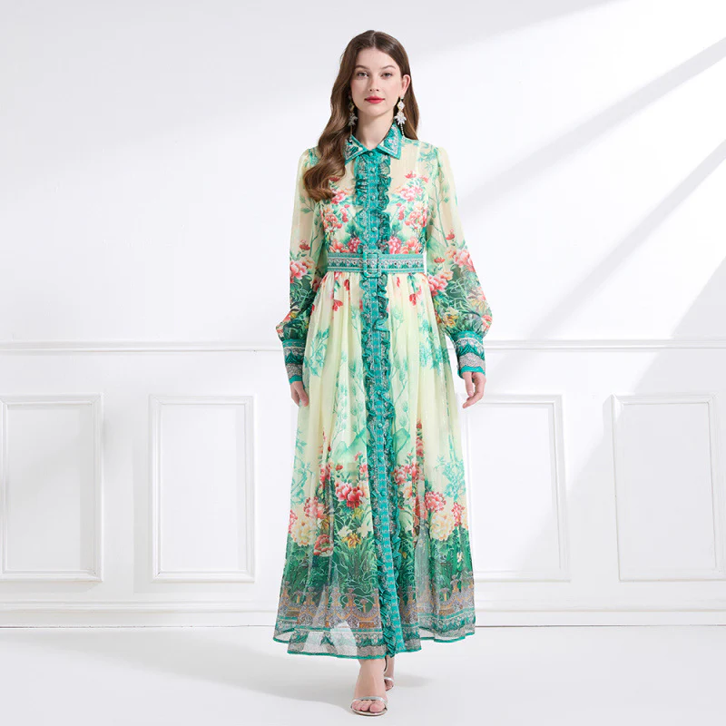 Spring/Summer  Chiffon Shirt Collar Print Long Sleeve Waist Lotus Edge Long Dress - Two-piece Set - Deanwangkt