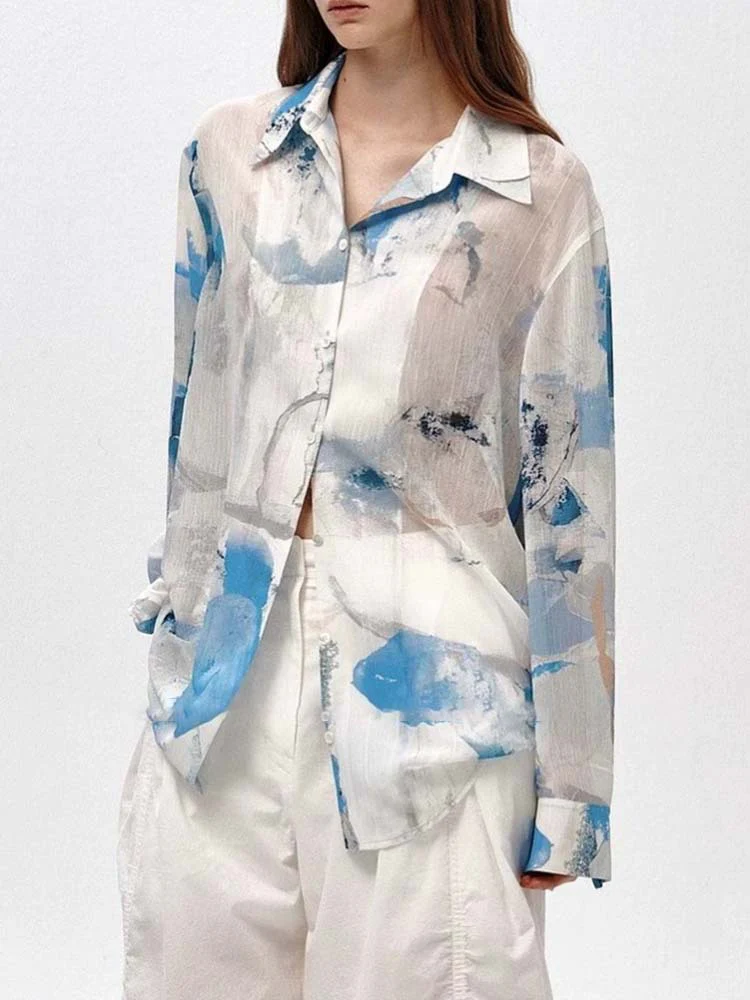 Siyuan design printing micro-transparent thin shirt women's long sleeves  spring and summer new loose casual top 7843 - Deanwangkt