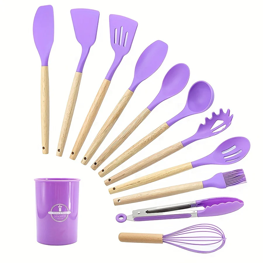 11/12pcs Deluxe Kitchenware Set - Wooden Handle, Non-Stick Silicone Cooking Pots, Spoons, Shovels, and Storage Bucket - Complete Cooking Essentials for Home and Restaurant Chefs - Deanwangkt