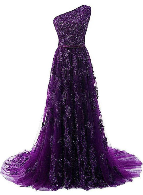 Solvbao Dark Purple One Shoulder Lace Applique Prom Dress , Long Formal Gown - Deanwangkt