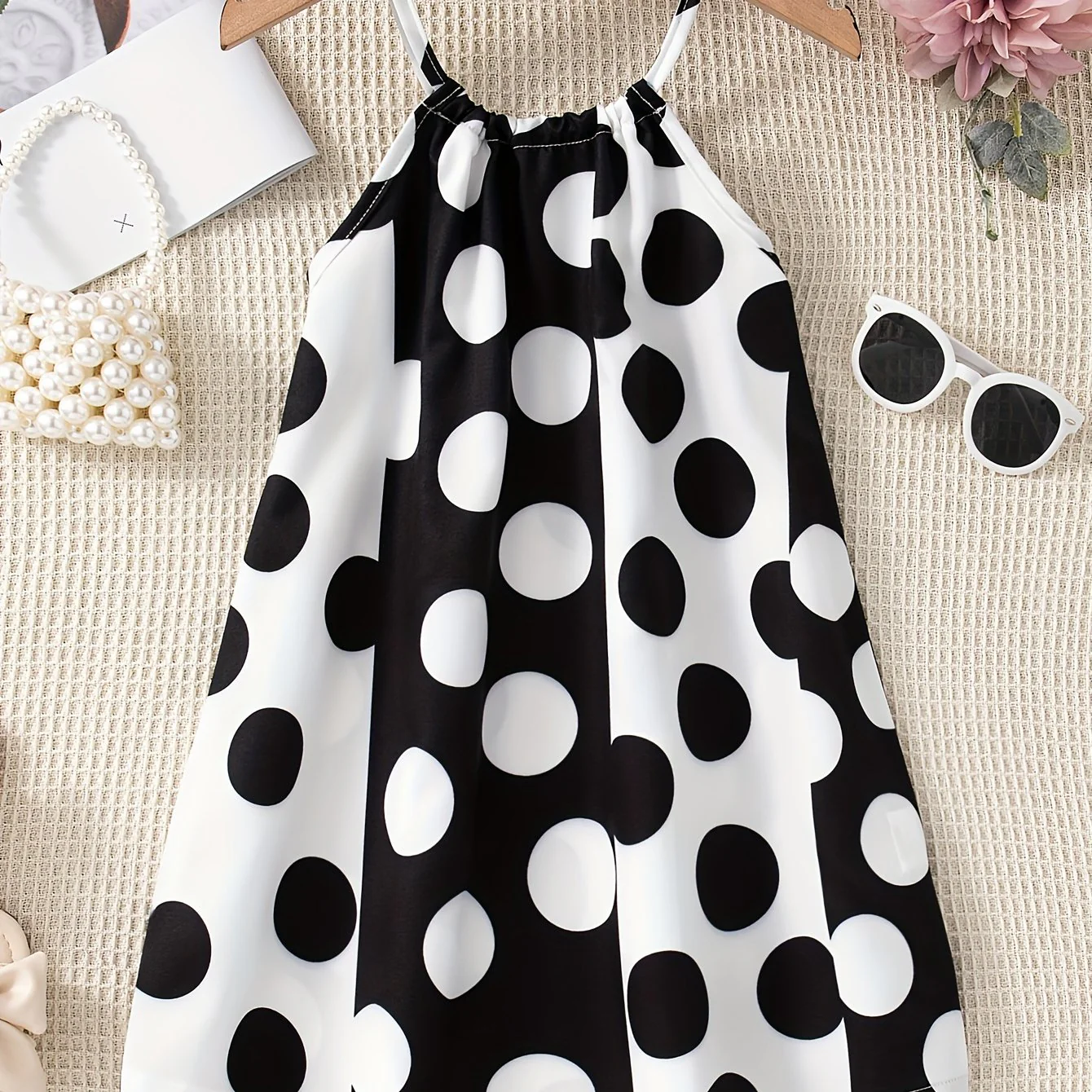 Girls Charming Polka Dot Summer Dress - Chic Thin Straps, Sleeveless, Vibrant Print, Regular Fit, Knee-Length - Ideal for Stylish Casual Outings - Deanwangkt