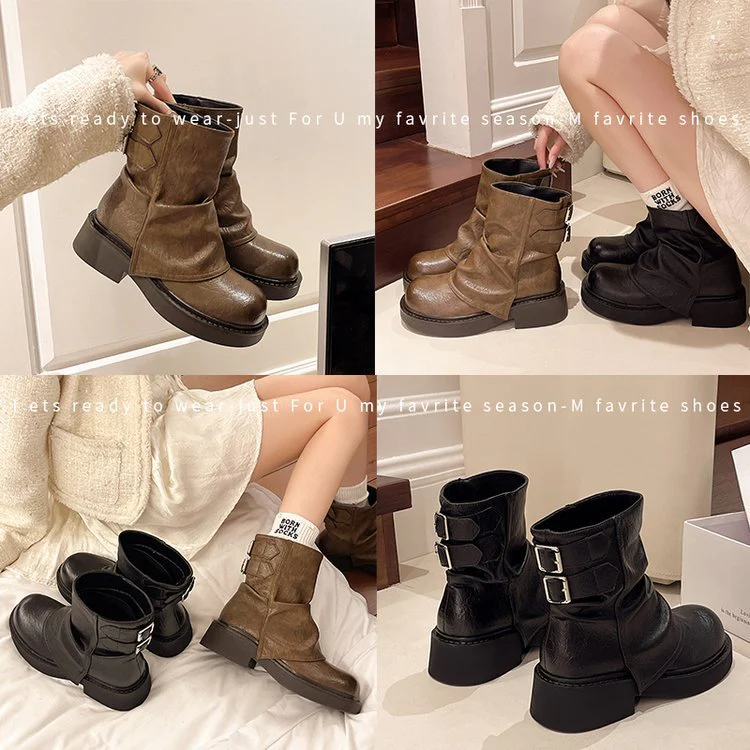 2025  short boots women's autumn and winter round head thick heel versatile women's high heel high temperament Martin boots women - Deanwangkt