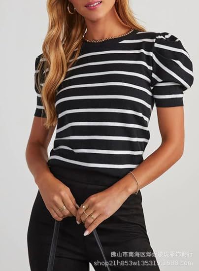 DEANWANGKT  Spring and Summer New Women's Clothing European and American Style Striped Pullover round Neck Puff Sleeve T-shirt - Deanwangkt