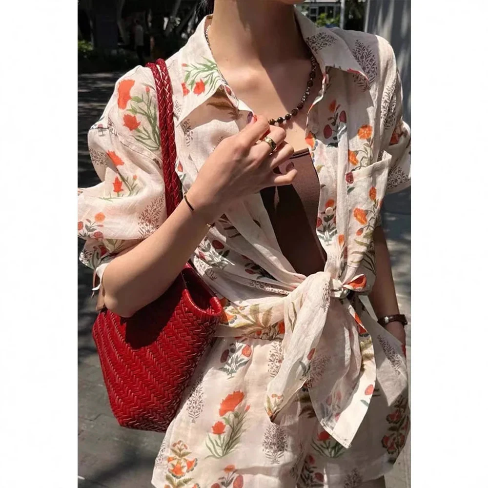 Siyuan vacation style loose and comfortable cotton shirt women's long-sleeved spring and summer new temperament printed sunscreen top 7850 - Deanwangkt