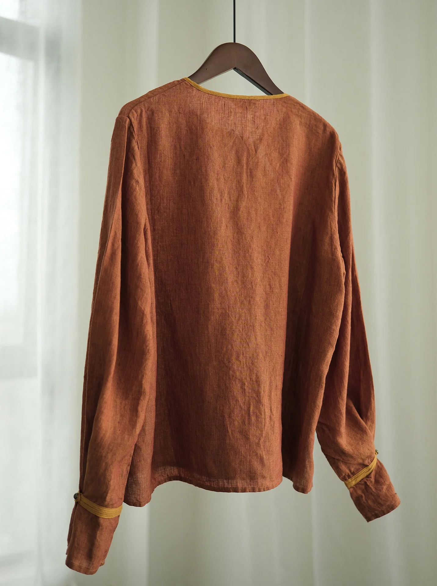 design Oriental aesthetic yarn-dyed linen contrasting top, light Chinese diagonal flared sleeve shirt S23036 - Deanwangkt