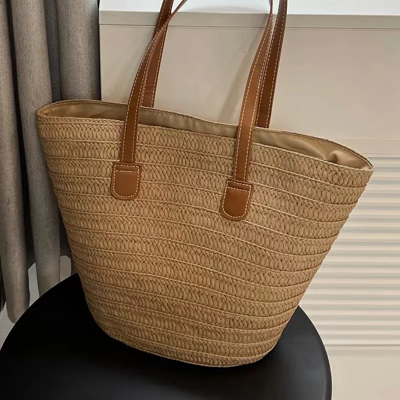 New Paper Braid Woven Bag Women's Bag Large Capacity Straw Bag Seaside Vacation Simple Beach Bag Shoulder Bag Tote Bag - Deanwangkt