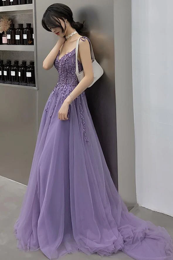 Solvbao Purple Lace V-neckline Tulle Straps Low Back Tulle Party Dresses, Purple A-line Evening Dresses - Deanwangkt