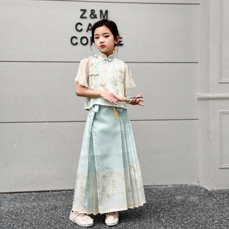 Girls' Horse-Face Skirt Suit Skirt New Children's Han Chinese Costume Summer Tang Suit New Chinese Style Classical Ancientry National Style Dress - Deanwangkt