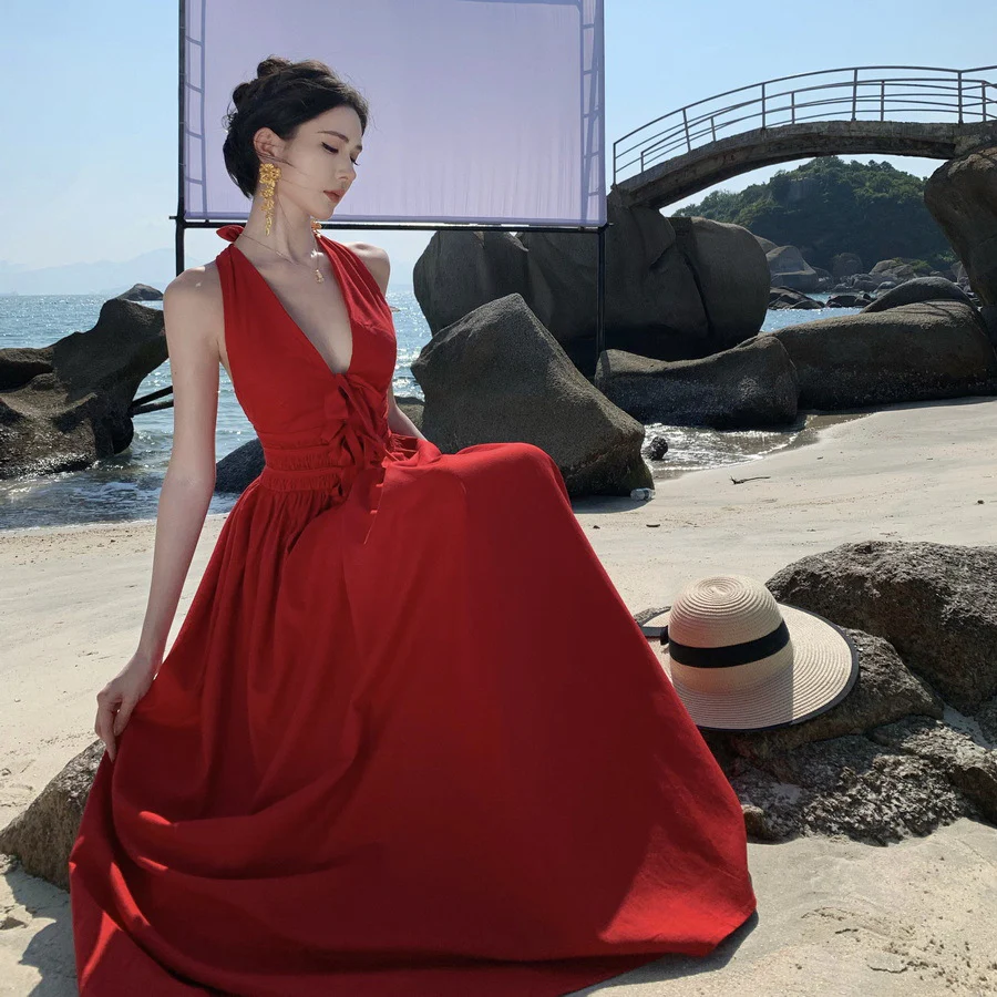 2025 Vintage Sexy Deep V Halter Strap Neck Red Dress Women's Summer Seaside Vacation Waist Sleeveless Long Dress - Deanwangkt