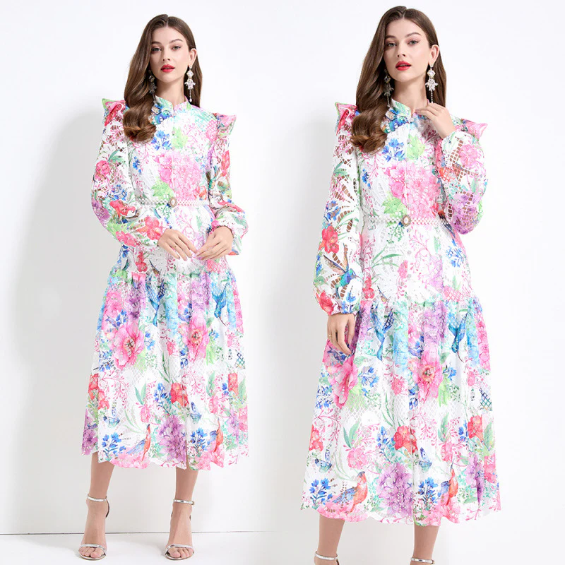 style light luxury celebrity print dress women's summer bubble sleeve hook flower hollow design waist temperament long dress - Deanwangkt