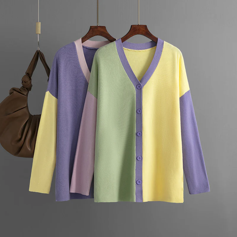 DEANWANGKT 2025 2025 trade cross-border women's clothing new color matching knitted cardigan contrasting color sweater women's loose long-sleeved medium and long coat - Deanwangkt