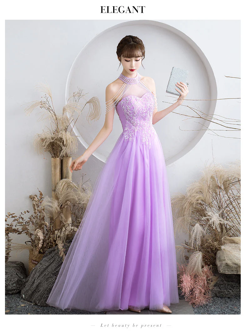 Solvbao Purple Tulle Beaded Floor Length A-line Prom Dress, Long Evening Dress Party Dress - Deanwangkt