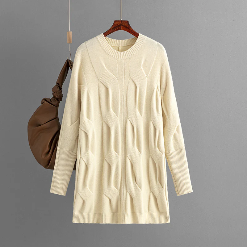 DEANWANGKT Pullover knitted sweater  autumn and winter new loose casual versatile crew neck twisted sweater medium and long bottoming shirt - Deanwangkt