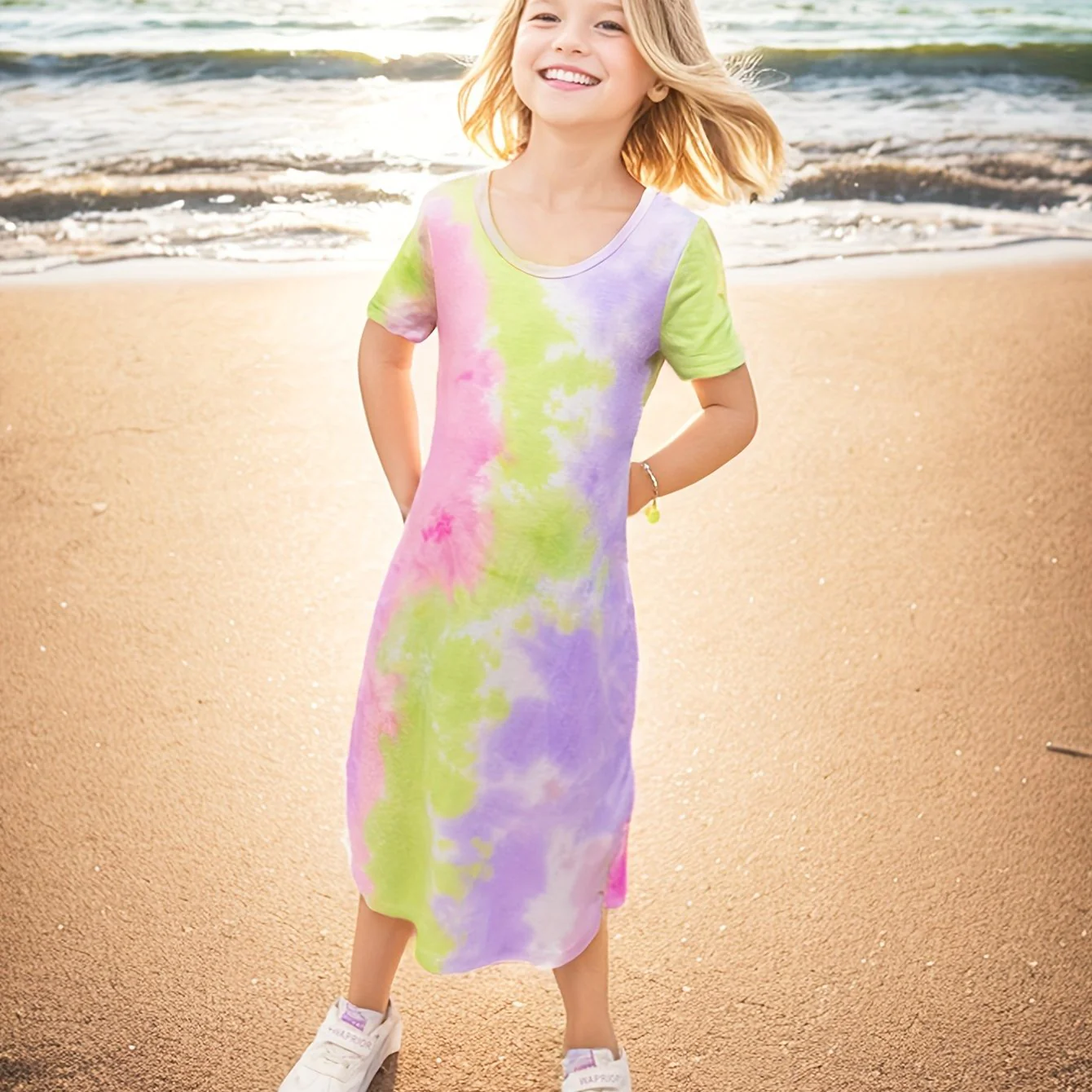 Vibrant Tie Dye Short Sleeve Slim Midi Dress for Girls - Casual, Comfortable, and Stylish Holiday Wear - Perfect Summer Gift for Tweens and Teenagers - Deanwangkt