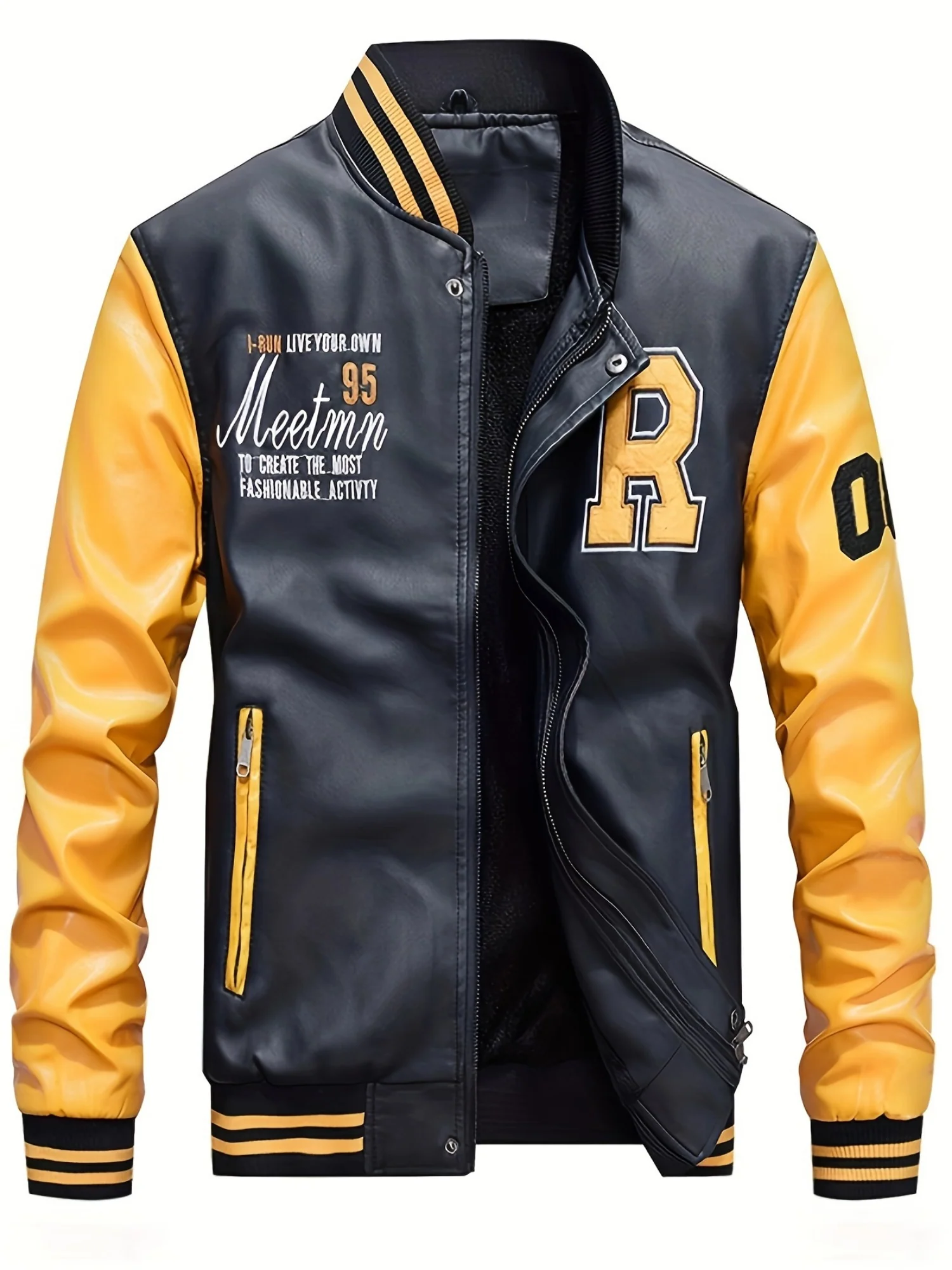 1pc Men'S Preppy Style Faux Leather Jacket - Polyester Baseball Collar Stand Coat with Alphabet Pattern, Zipper Closure, Non-Stretch Woven Fabric, Regular Fit with Polyester Lining, Plus Size - Deanwangkt