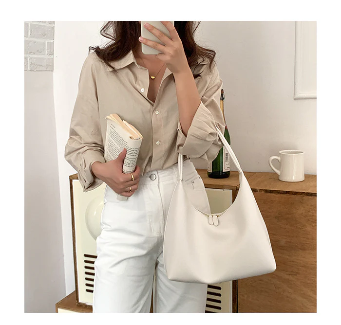 DEANWANGKT 2025 Milk tea color bag gentle wind Korean ins simple and versatile portable soft leather dumpling bag retro shoulder armpit bag - Deanwangkt