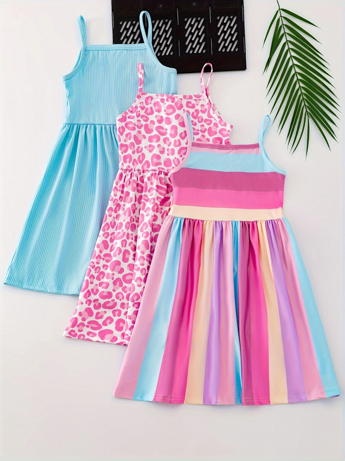 3pcs Chic Girls' Cami Dress Set - Leopard & Stripes, Soft Stretch Fabric, Sleeveless Summer Outfits for Holidays & Parties - Deanwangkt