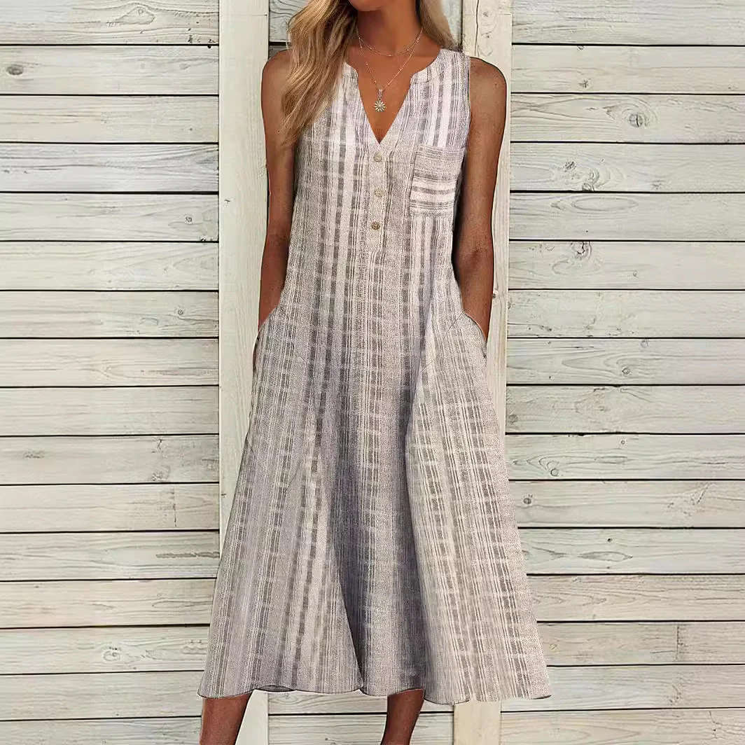 DEANWANGKT Summer New Dress Wish Independent Stand Fashion Pocket V-neck Sleeveless Striped Dress - Deanwangkt
