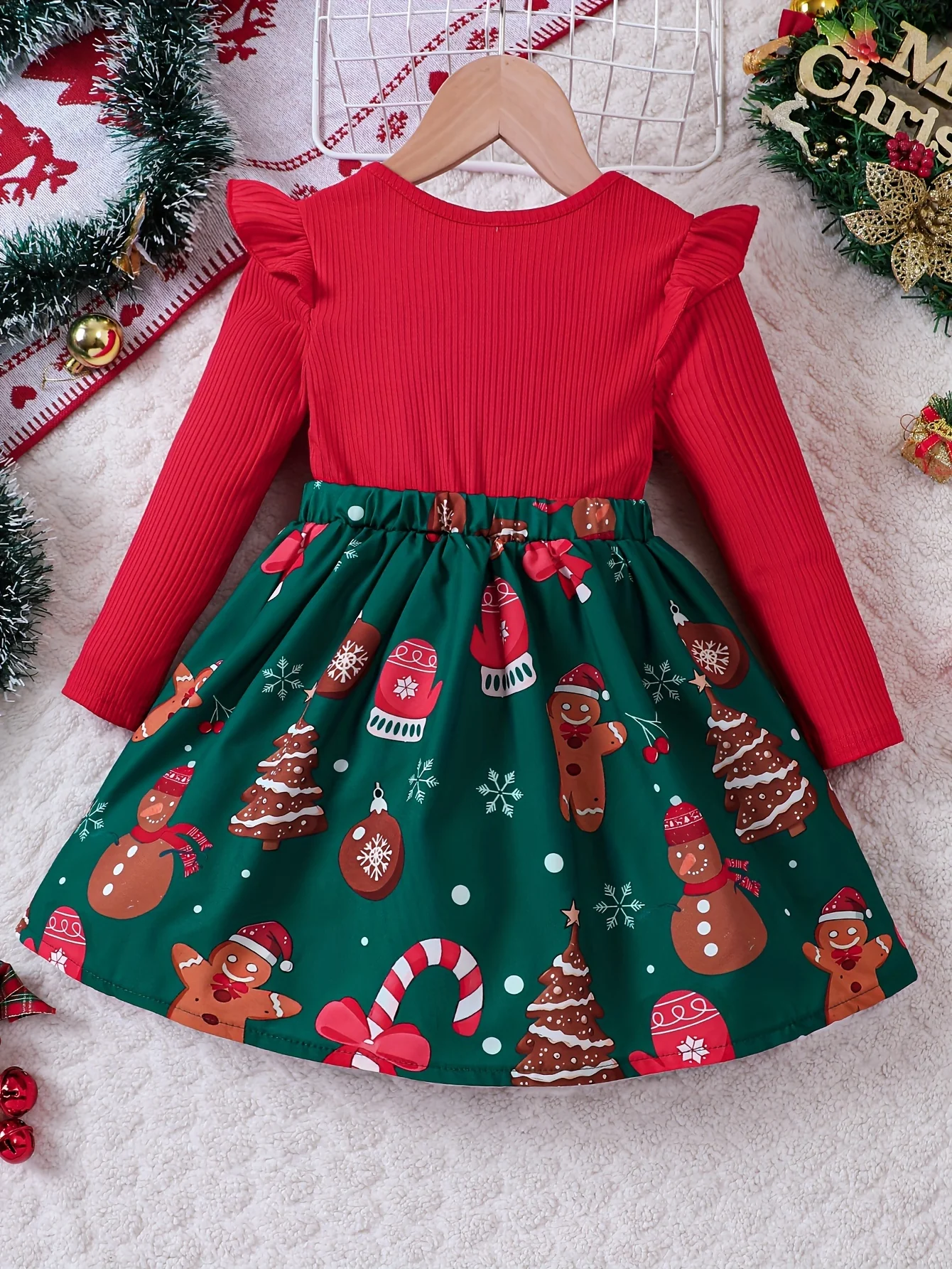 Festive Gingerbread Man Long Sleeve Dress for Girls - Special Occasion, Graphic Print, Flutter Trim, Fall Winter Christmas Gift Idea - Deanwangkt