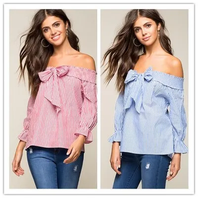 Sexy Off Shoulder Blouse Summer Women Bow Slash Neck Long Sleeve Blue Vertical Striped Shirt Blusas Casual Tops Plus Size - Deanwangkt