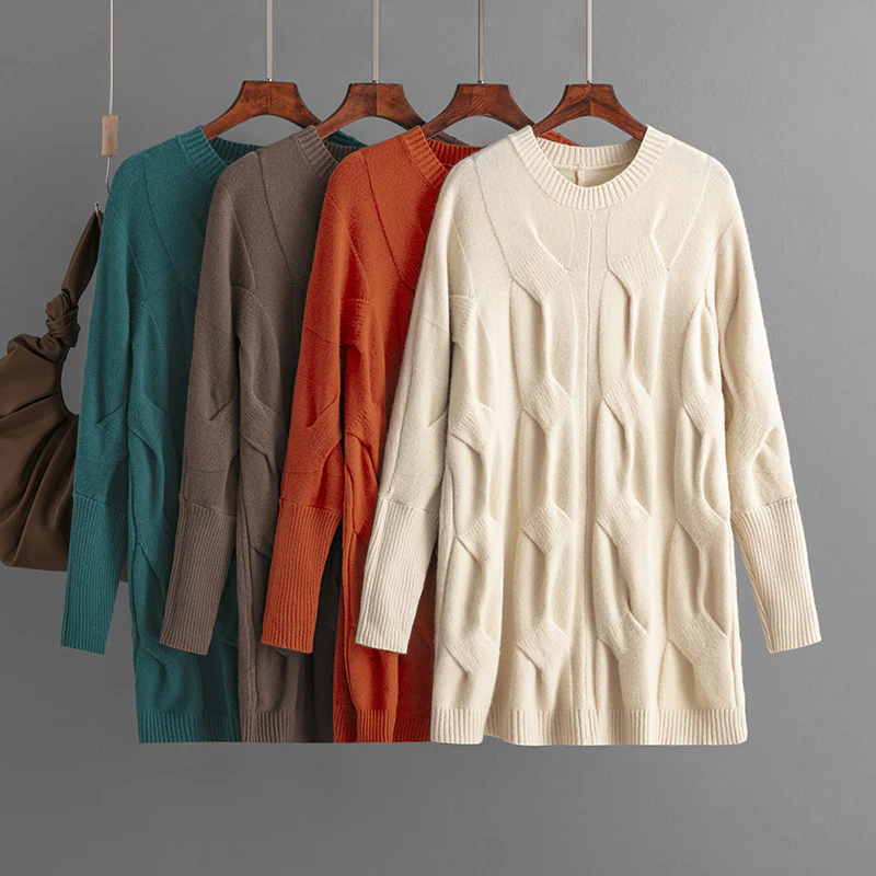 DEANWANGKT Pullover knitted sweater  autumn and winter new loose casual versatile crew neck twisted sweater medium and long bottoming shirt - Deanwangkt