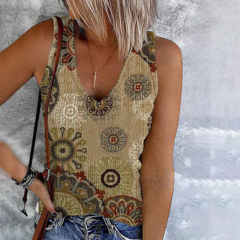 DEANWANGKT  Independent Station  Spring and Summer European and American New Top Women's Casual Printed V-neck Sleeveless T-shirt Vest - Deanwangkt